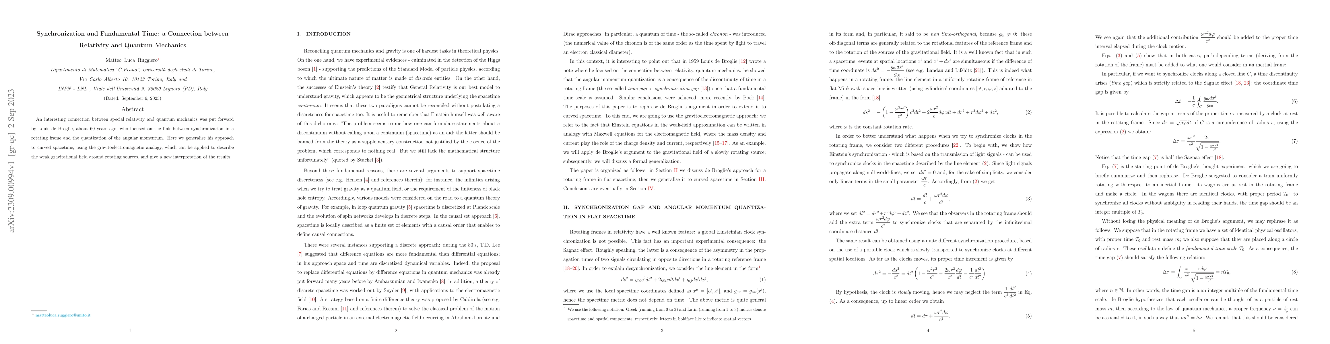 Thumbnail for Synchronization and Fundamental Time: a Connection between Relativity
  and Quantum Mechanics