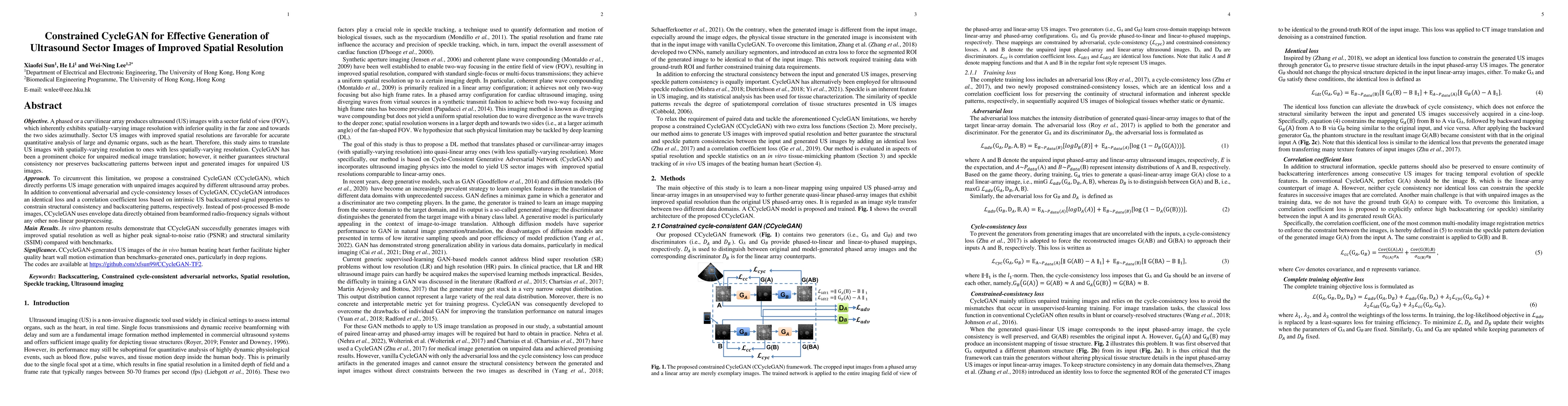 Thumbnail for Constrained CycleGAN for Effective Generation of Ultrasound Sector
  Images of Improved Spatial Resolution