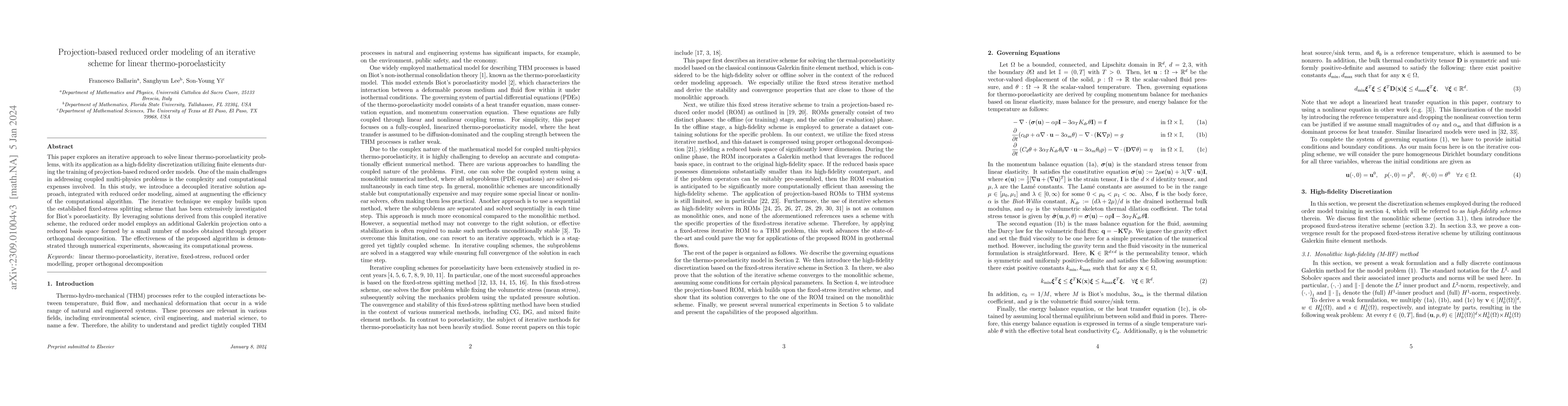 Thumbnail for Projection-based reduced order modeling of an iterative scheme for
  linear thermo-poroelasticity