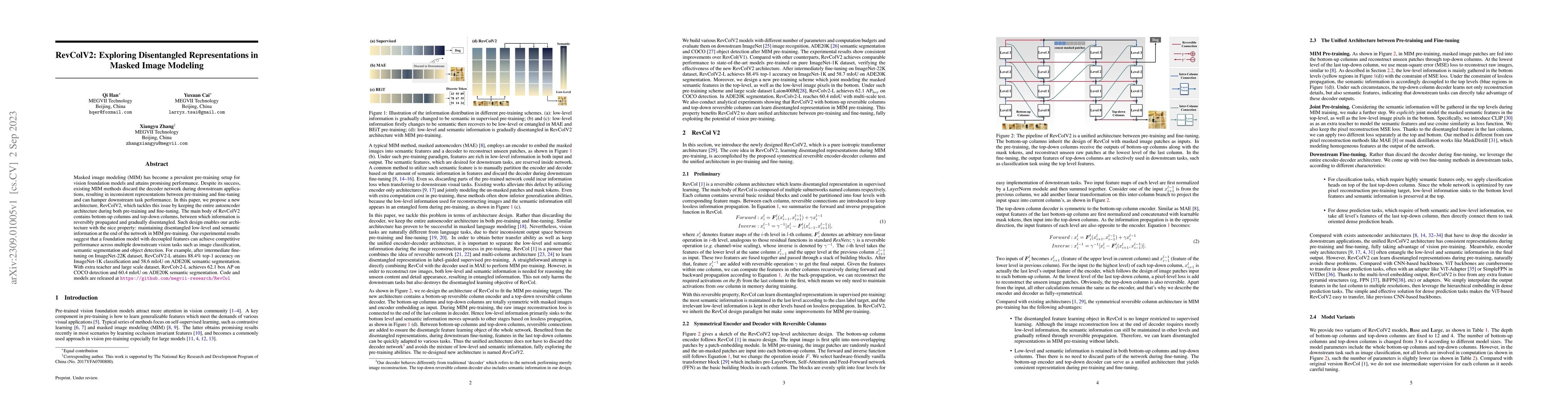 Thumbnail for RevColV2: Exploring Disentangled Representations in Masked Image
  Modeling