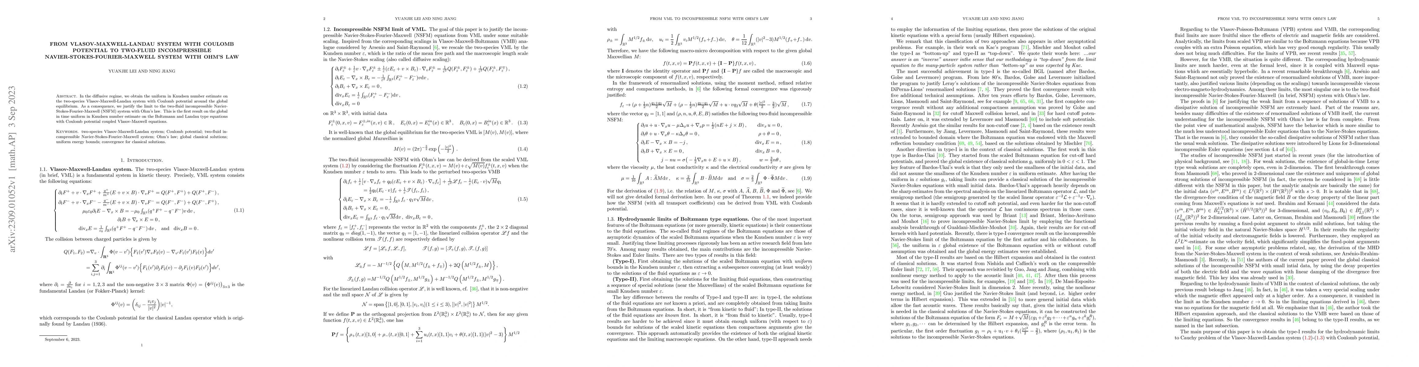 Thumbnail for From Vlasov-Maxwell-Landau system with Coulomb potential to two-fluid
  incompressible Navier-Stokes-Fourier-Maxwell system with Ohm's law