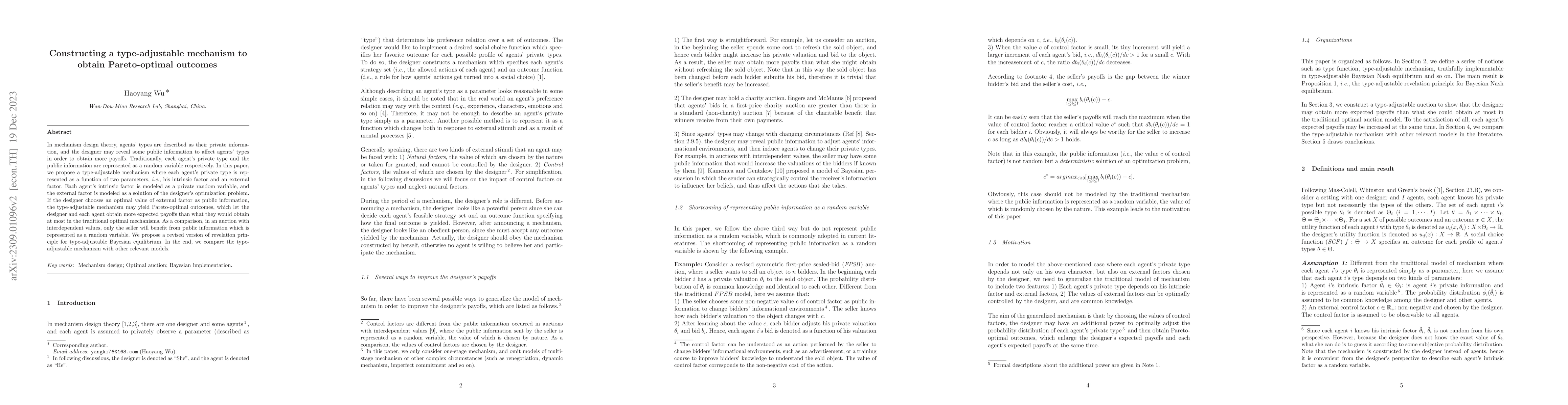 Thumbnail for Constructing a type-adjustable mechanism to yield Pareto-optimal
  outcomes