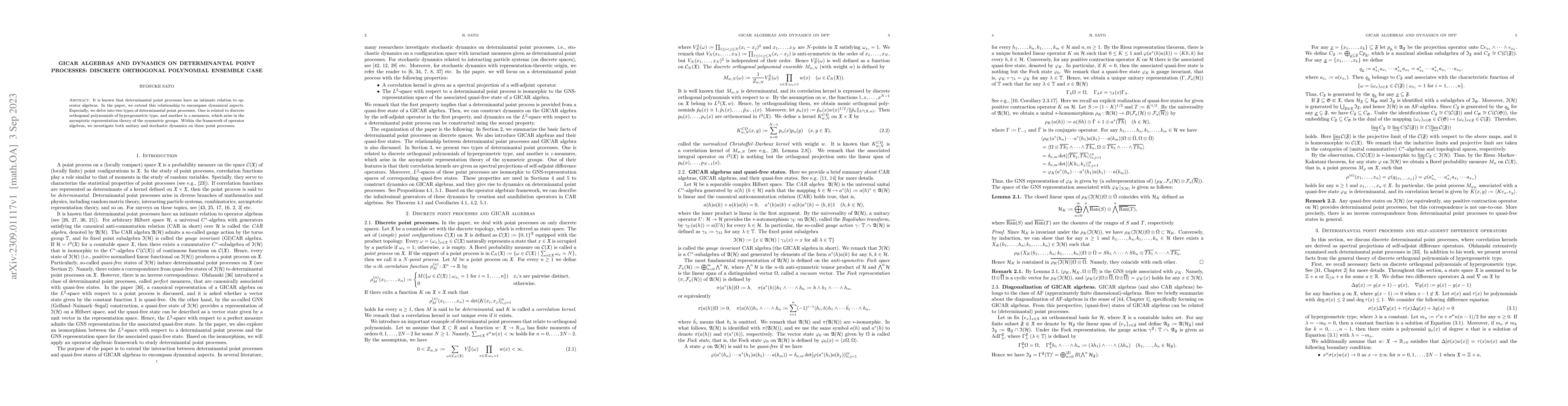 Thumbnail for GICAR algebras and dynamics on determinantal point processes: discrete
  orthogonal polynomial ensemble case