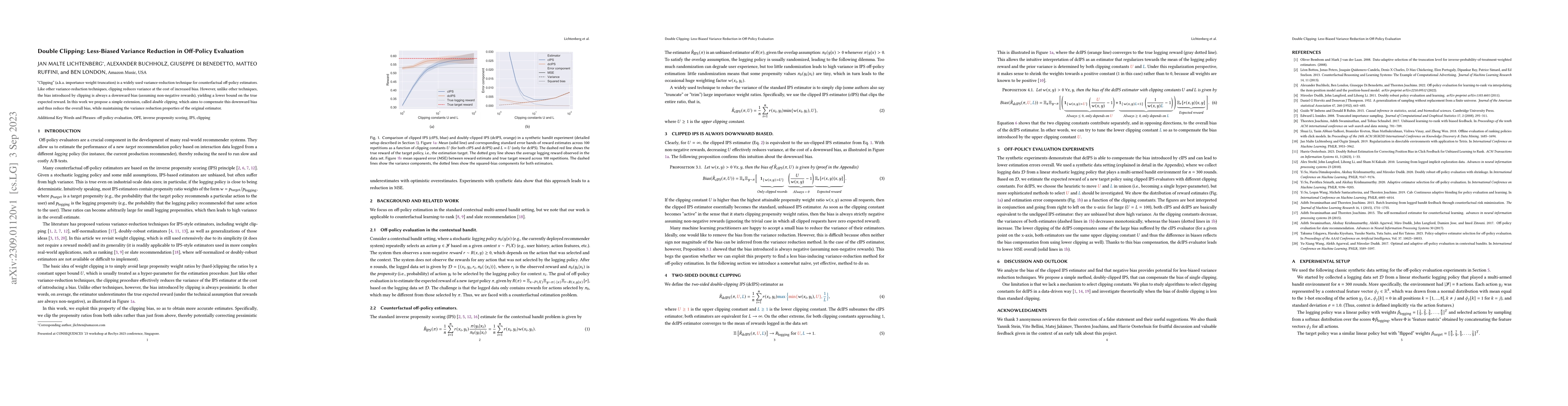 Thumbnail for Double Clipping: Less-Biased Variance Reduction in Off-Policy Evaluation