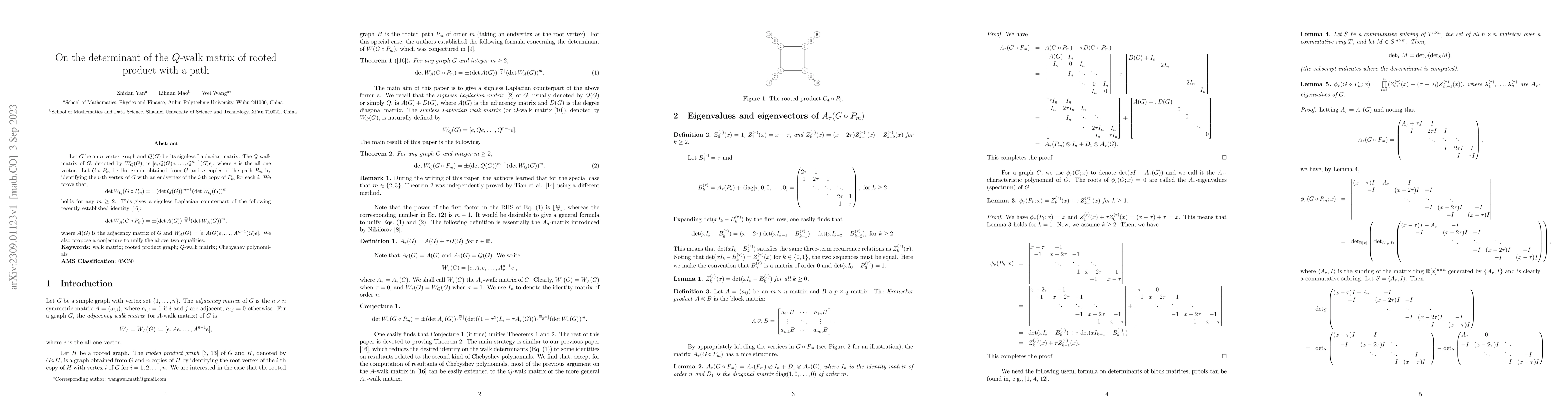 Thumbnail for On the determinant of the $Q$-walk matrix of rooted product with a path