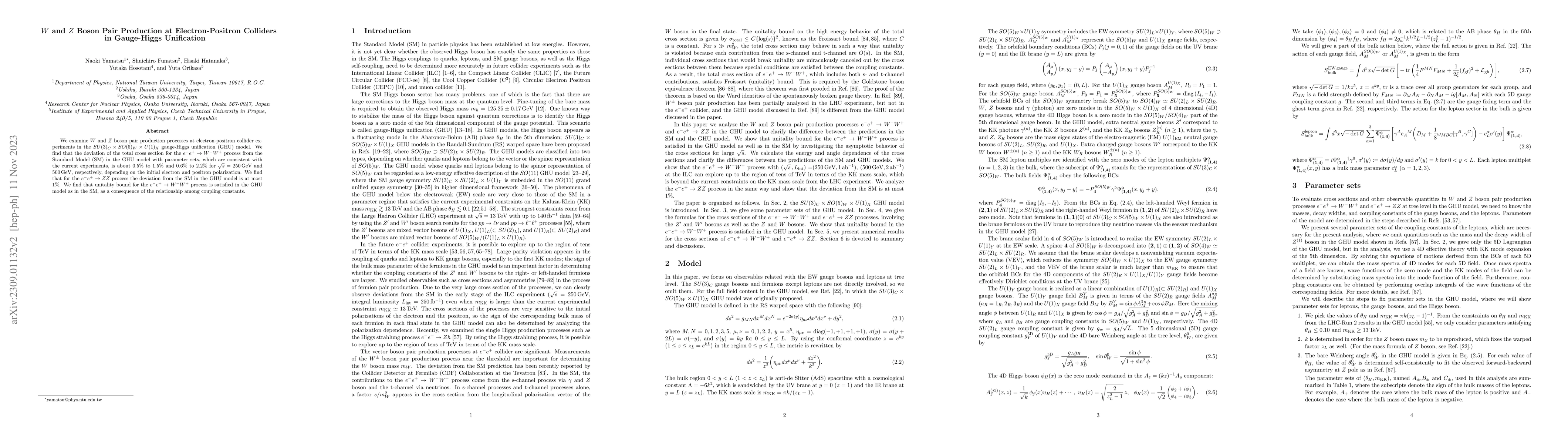 Thumbnail for $W$ and $Z$ Boson Pair Production at Electron-Positron Colliders in
  Gauge-Higgs Unification