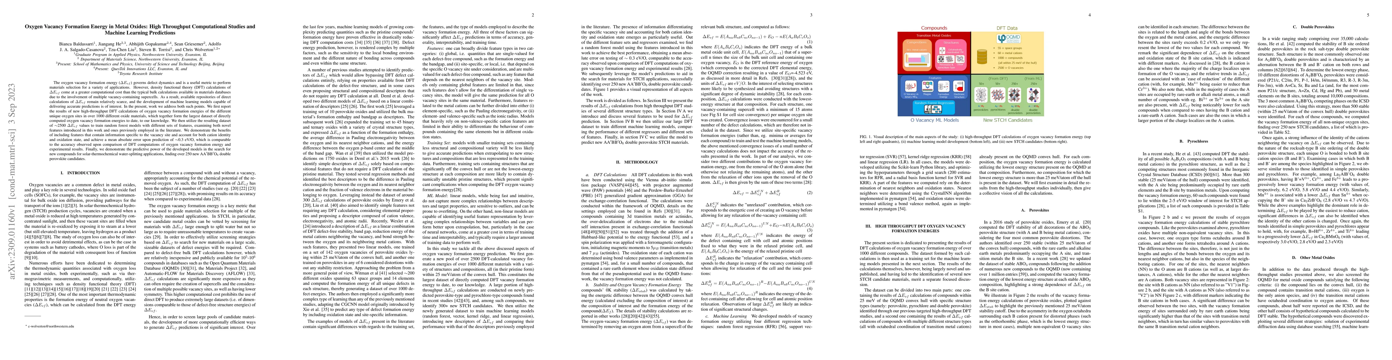 Thumbnail for Oxygen Vacancy Formation Energy in Metal Oxides: High Throughput
  Computational Studies and Machine Learning Predictions