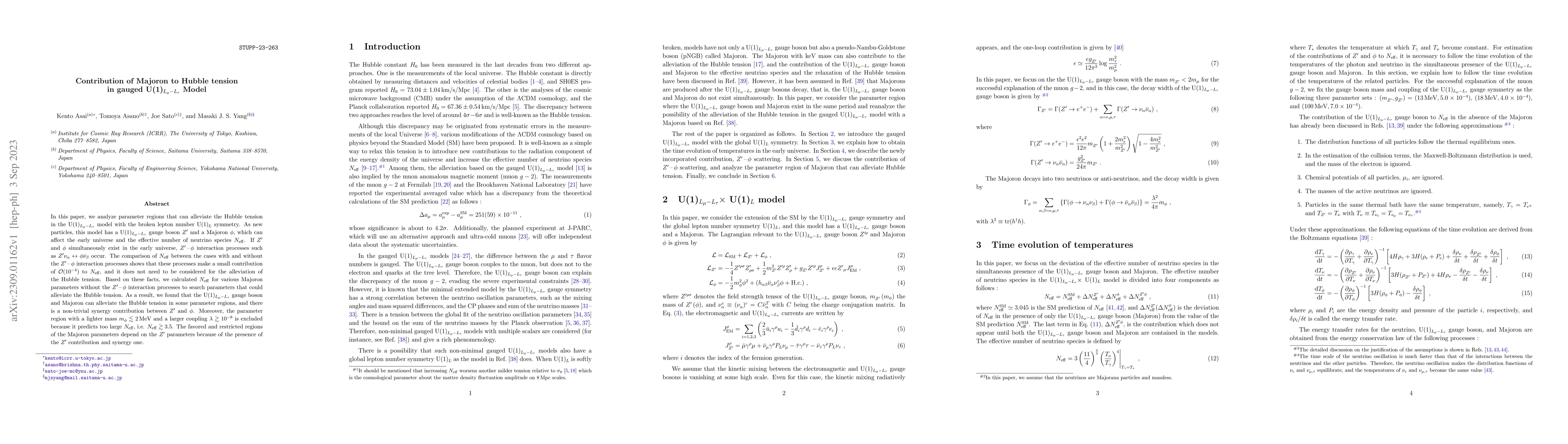 Thumbnail for Contribution of Majoron to Hubble tension in gauged
  U(1)$_{L_\mu-L_\tau}$ Model
