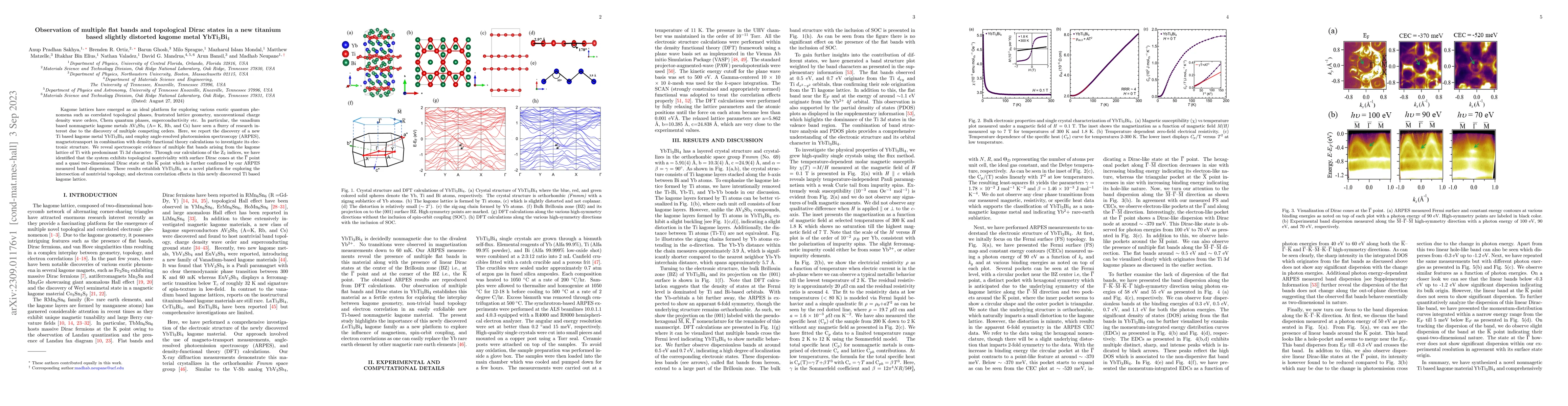 Thumbnail for Observation of multiple flat bands and topological Dirac states in a new
  titanium based slightly distorted kagome metal YbTi3Bi4