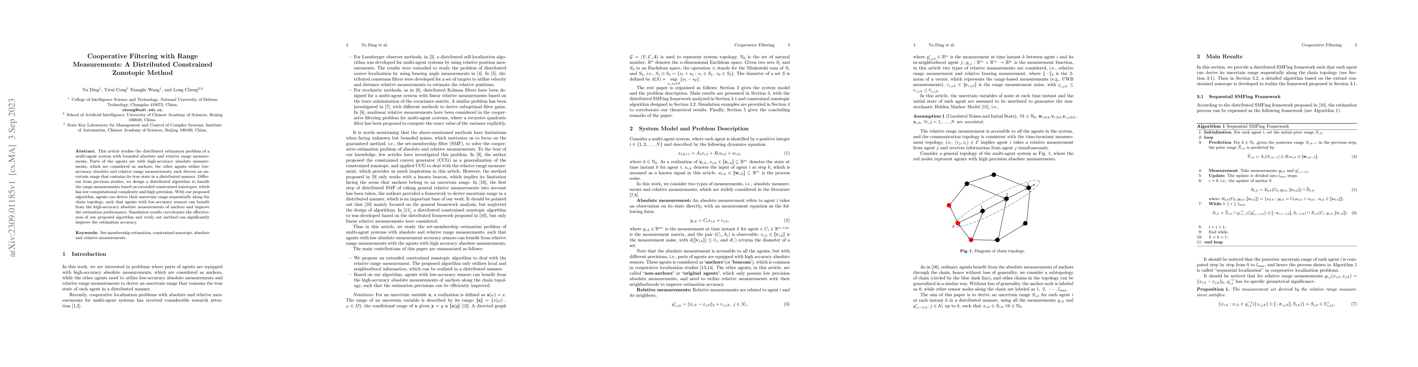 Thumbnail for Cooperative Filtering with Range Measurements: A Distributed Constrained
  Zonotopic Method