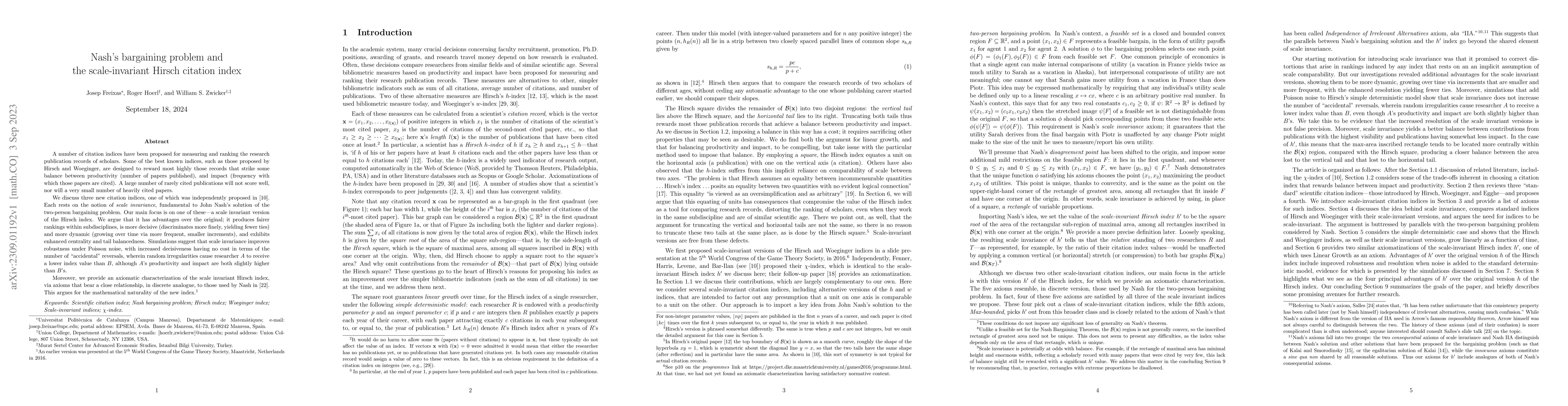 Thumbnail for Nash's bargaining problem and the scale-invariant Hirsch citation index