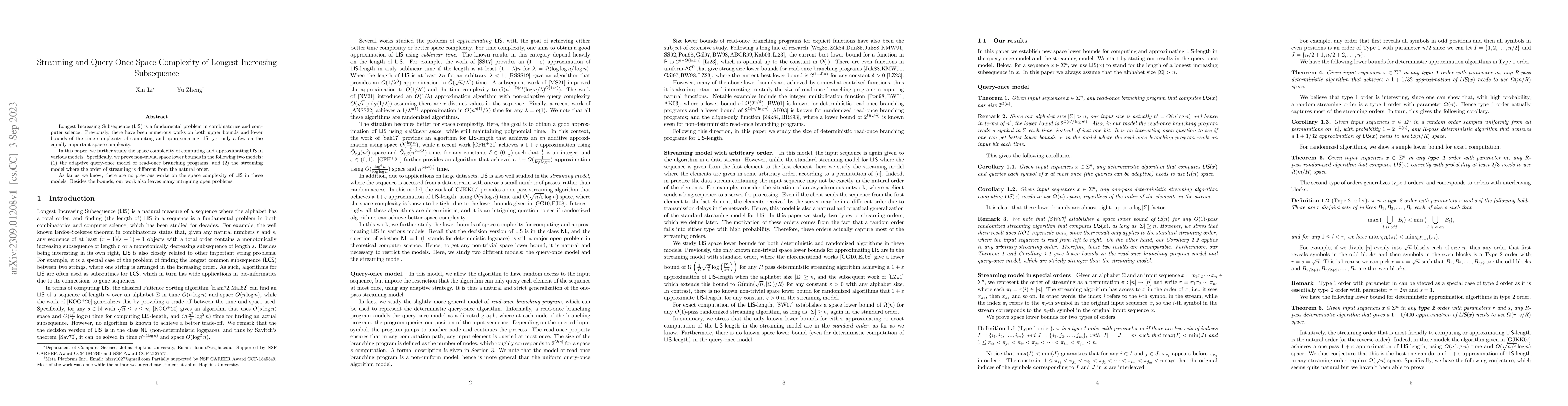 Thumbnail for Streaming and Query Once Space Complexity of Longest Increasing
  Subsequence