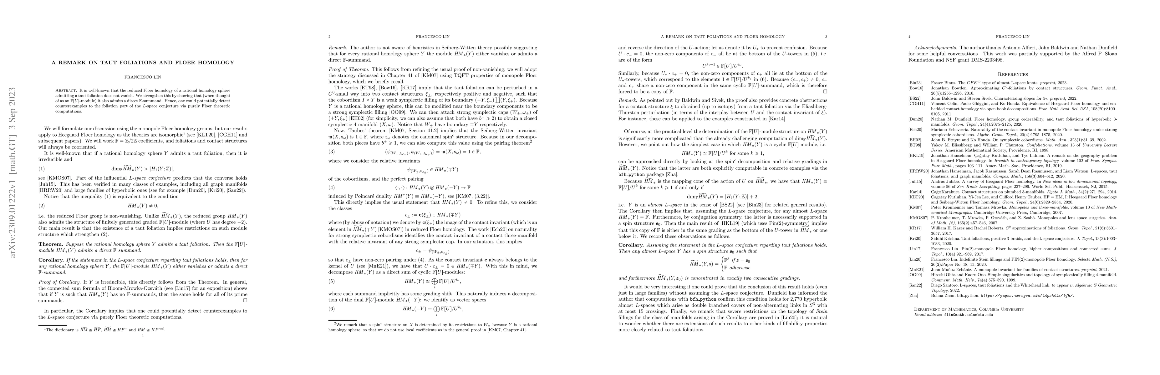 Thumbnail for A remark on taut foliations and Floer homology