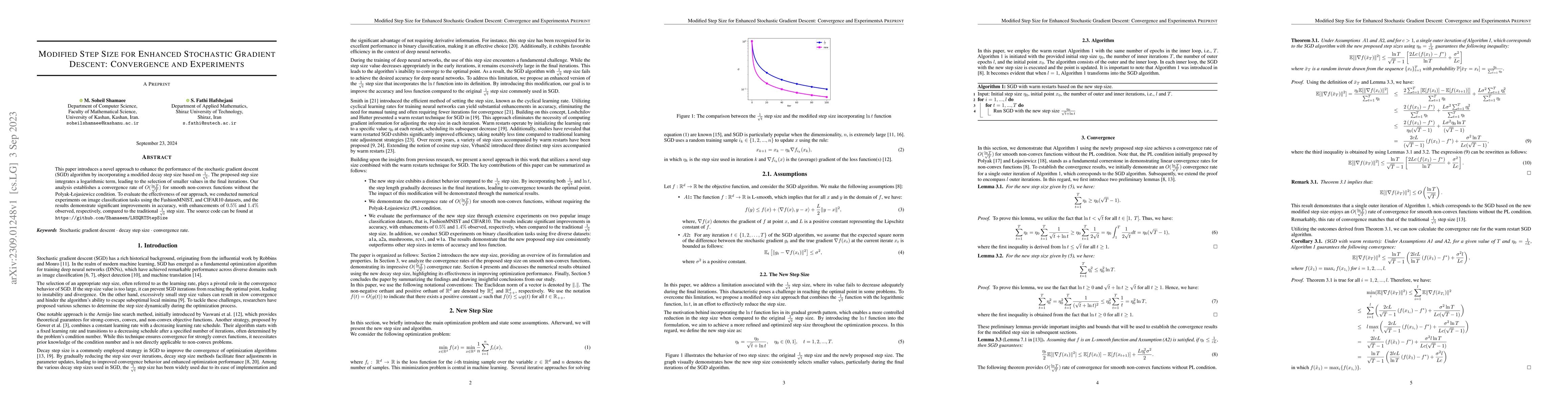 Thumbnail for Modified Step Size for Enhanced Stochastic Gradient Descent: Convergence
  and Experiments