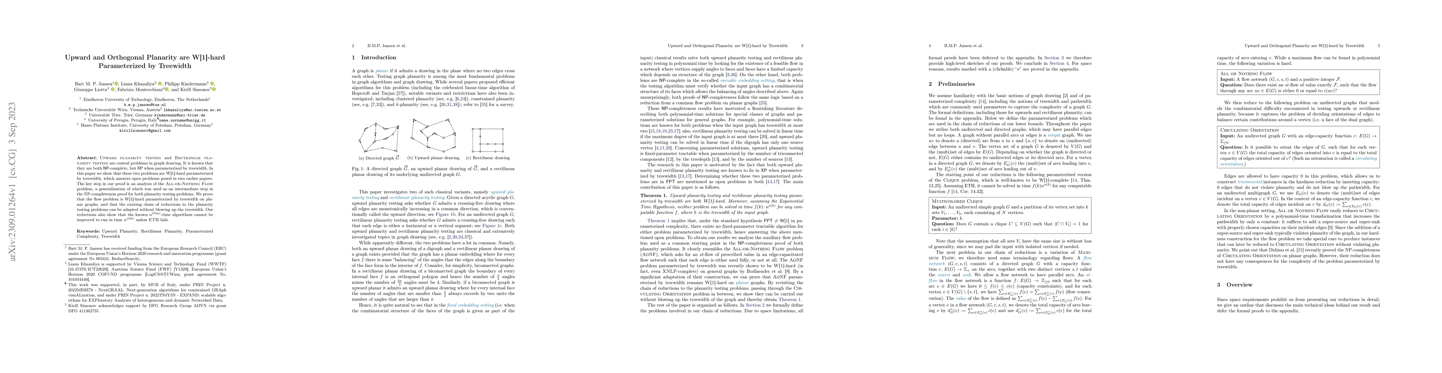 Thumbnail for Upward and Orthogonal Planarity are W[1]-hard Parameterized by Treewidth