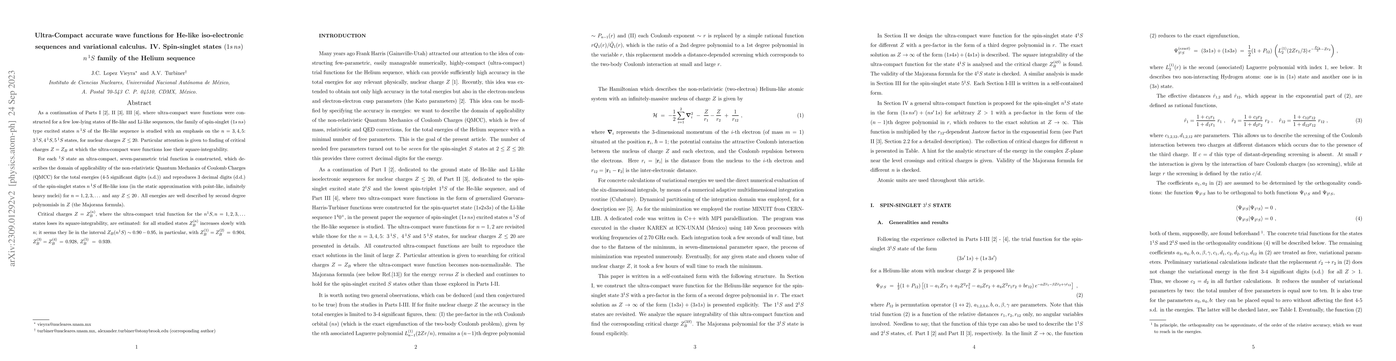 Thumbnail for Ultra-Compact accurate wave functions for He-like iso-electronic
  sequences and variational calculus. IV. Spin-singlet states $(1s\,ns)$
  $n\,{}^1 S$ family of the Helium sequence