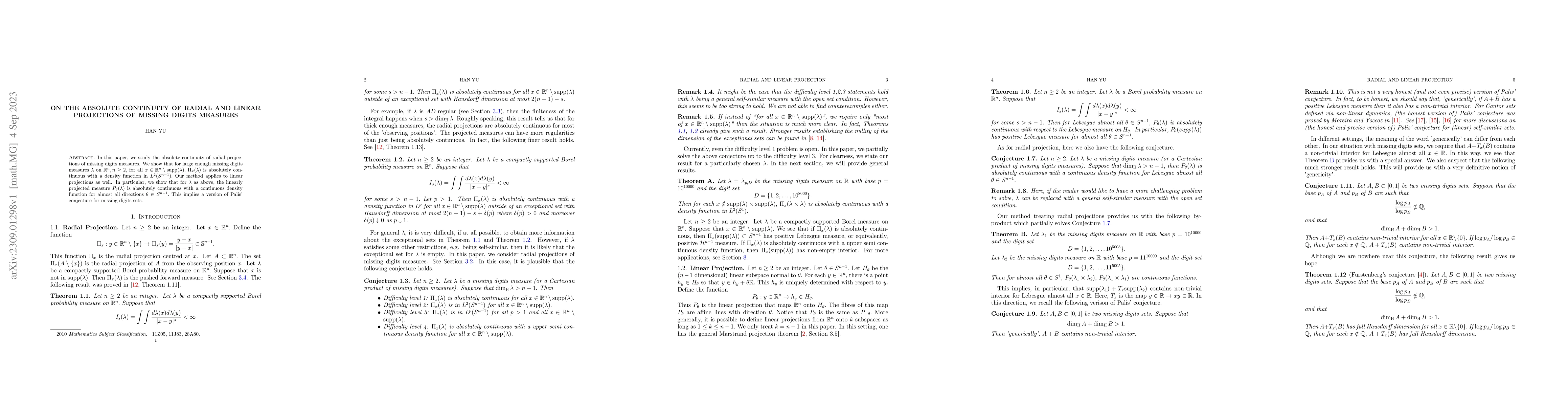 Thumbnail for On the absolute continuity of radial and linear projections of missing
  digits measures
