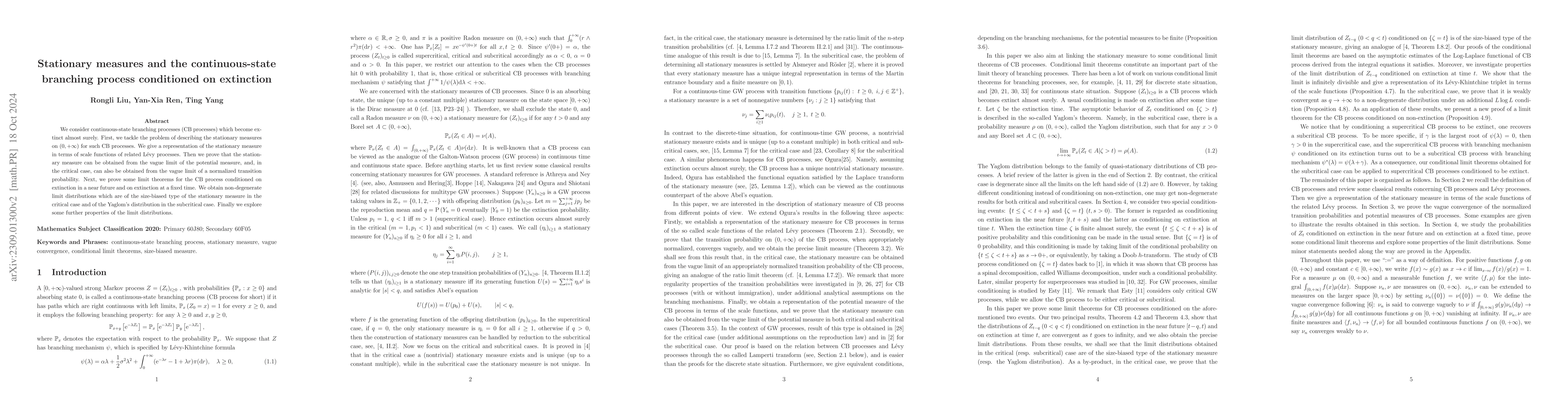 Thumbnail for Stationary measures and the continuous-state branching process
  conditioned on extinction