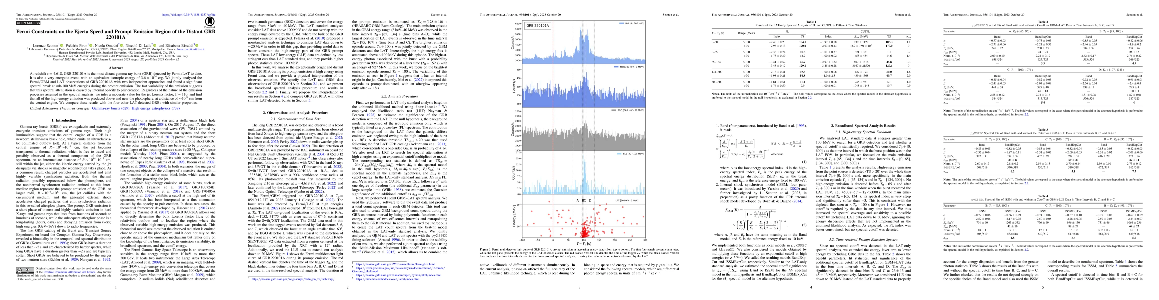 Thumbnail for Fermi Constraints on the Ejecta Speed and Prompt Emission Region of the
  Distant GRB 220101A
