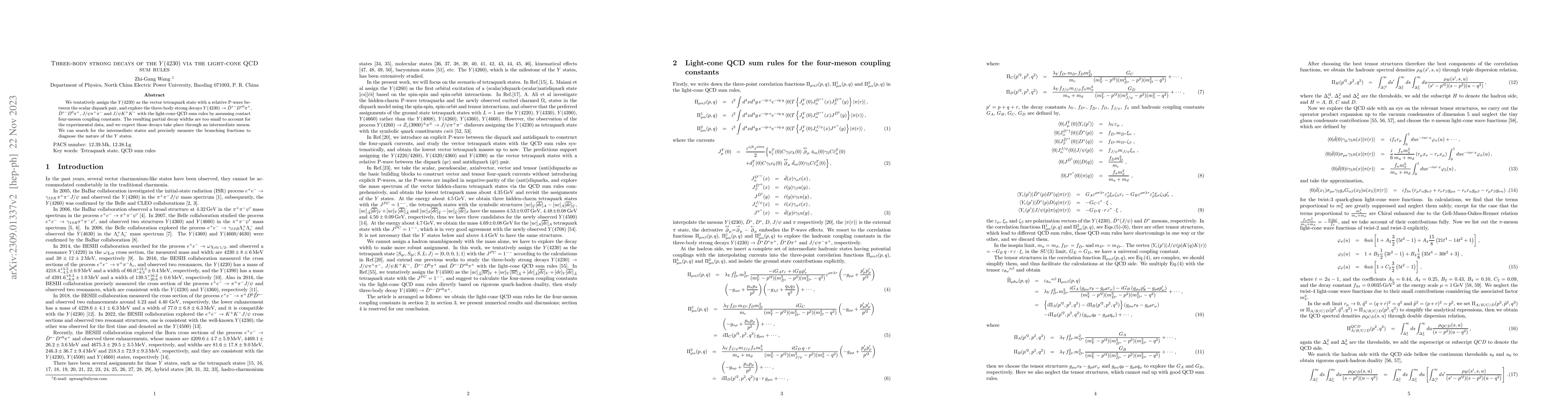 Thumbnail for Three-body strong decays of the $Y(4230)$ via the light-cone QCD sum
  rules