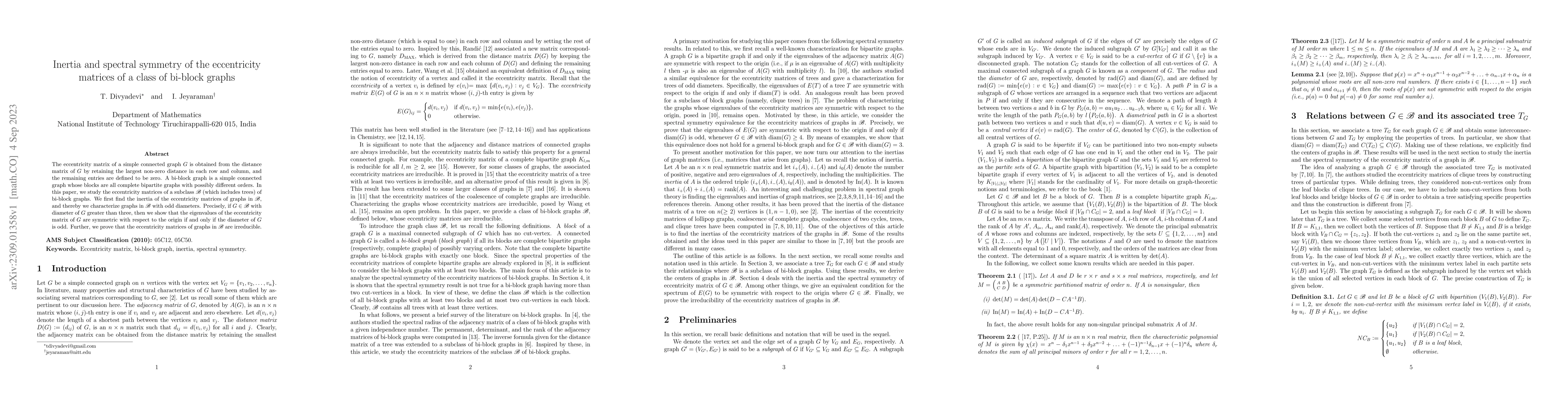 Thumbnail for Inertia and spectral symmetry of the eccentricity matrices of a class of
  bi-block graphs