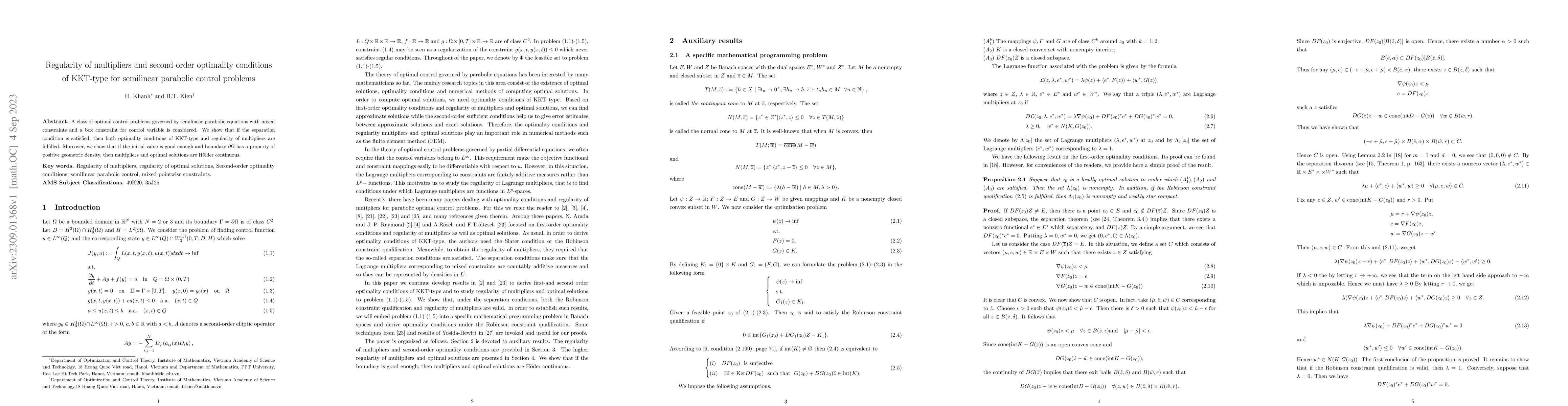 Thumbnail for Regularity of multipliers and second-order optimality conditions of
  KKT-type for semilinear parabolic control problems