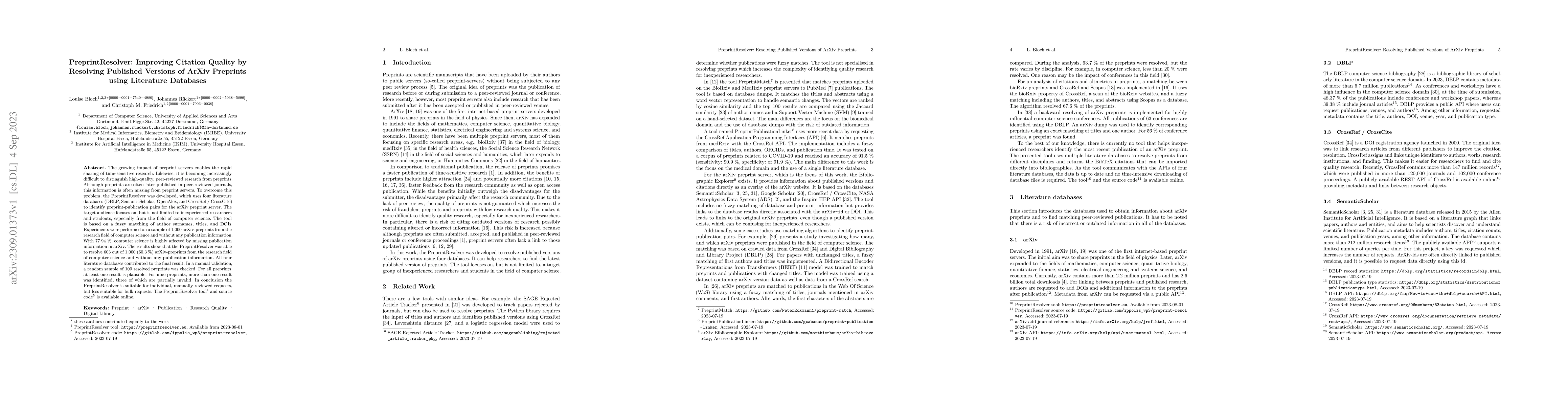 Thumbnail for PreprintResolver: Improving Citation Quality by Resolving Published
  Versions of ArXiv Preprints using Literature Databases