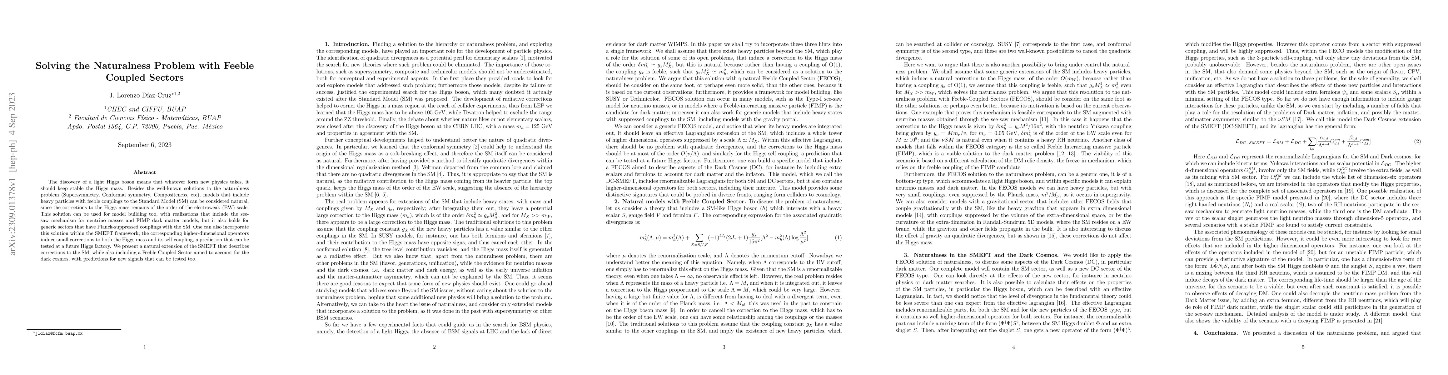 Thumbnail for Solving the Naturalness Problem with Feeble Coupled Sectors