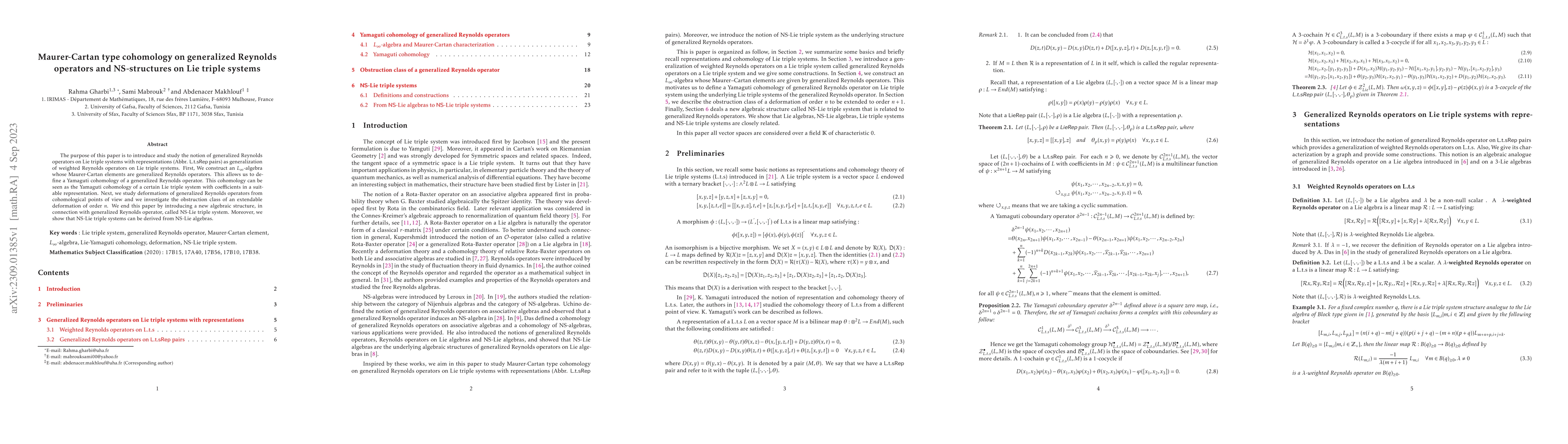 Thumbnail for Maurer-Cartan type cohomology on generalized Reynolds operators and
  NS-structures on Lie triple systems