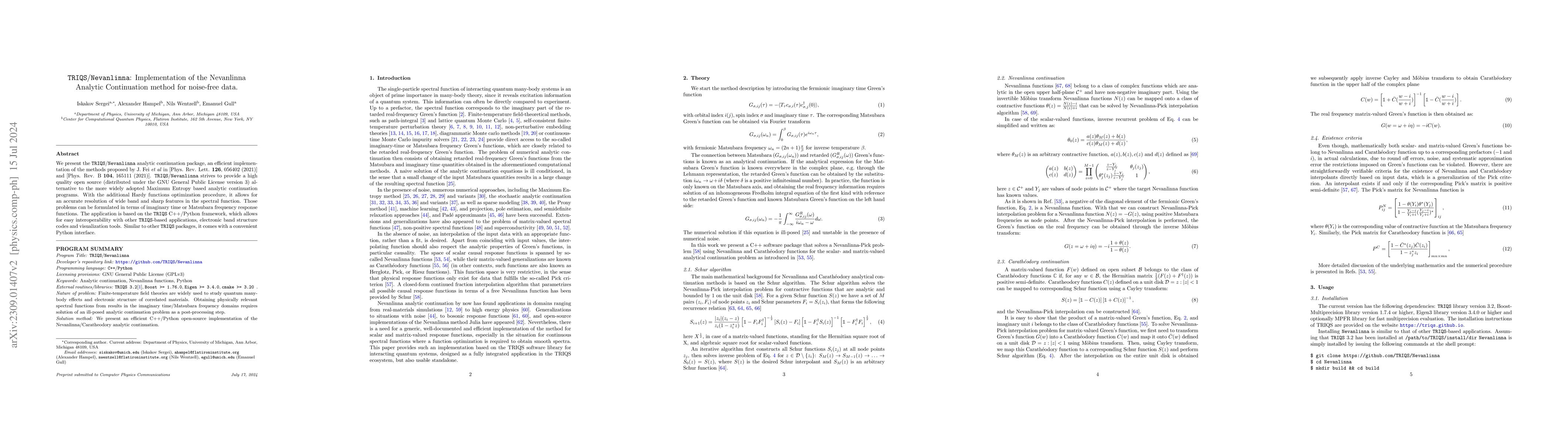 Thumbnail for TRIQS/Nevanlinna: Implementation of the Nevanlinna Analytic Continuation
  method for noise-free data