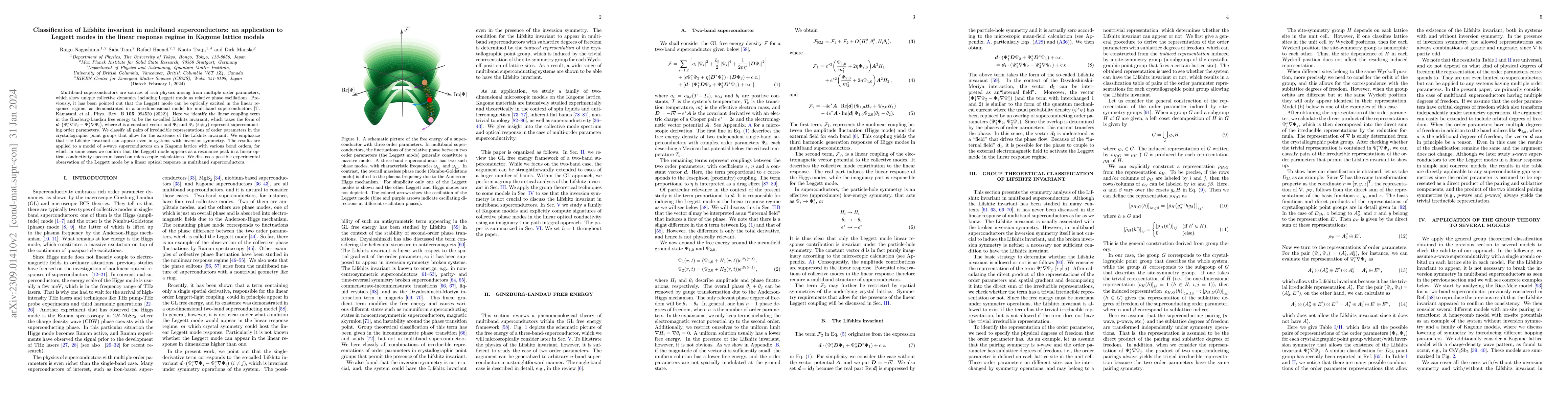 Thumbnail for Classification of Lifshitz invariant in multiband superconductors: an
  application to Leggett modes in the linear response regime in Kagome lattice
  models