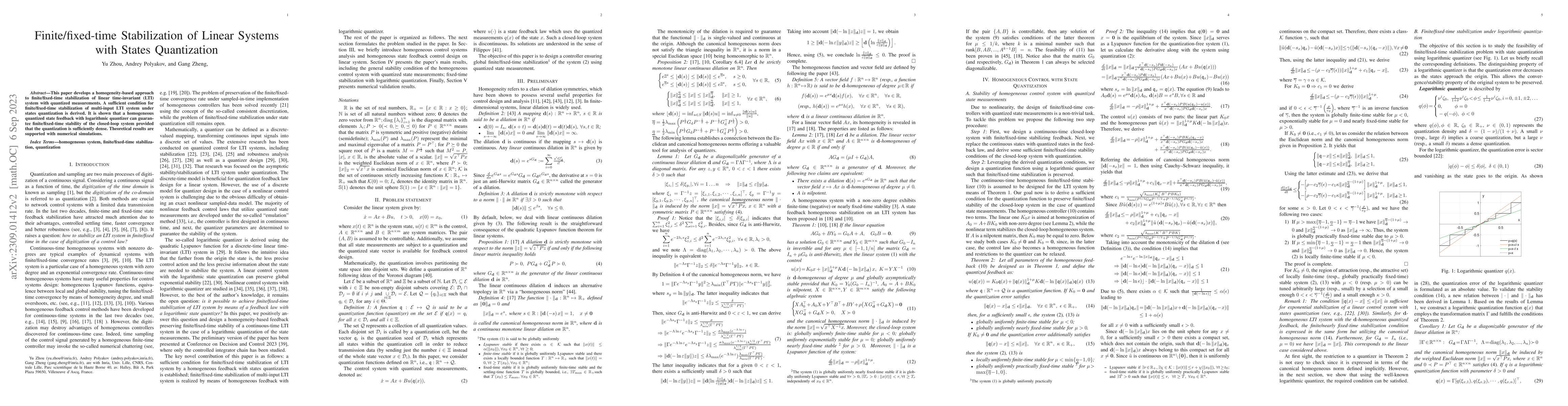 Thumbnail for Finite/fixed-time Stabilization of Linear Systems with States
  Quantization