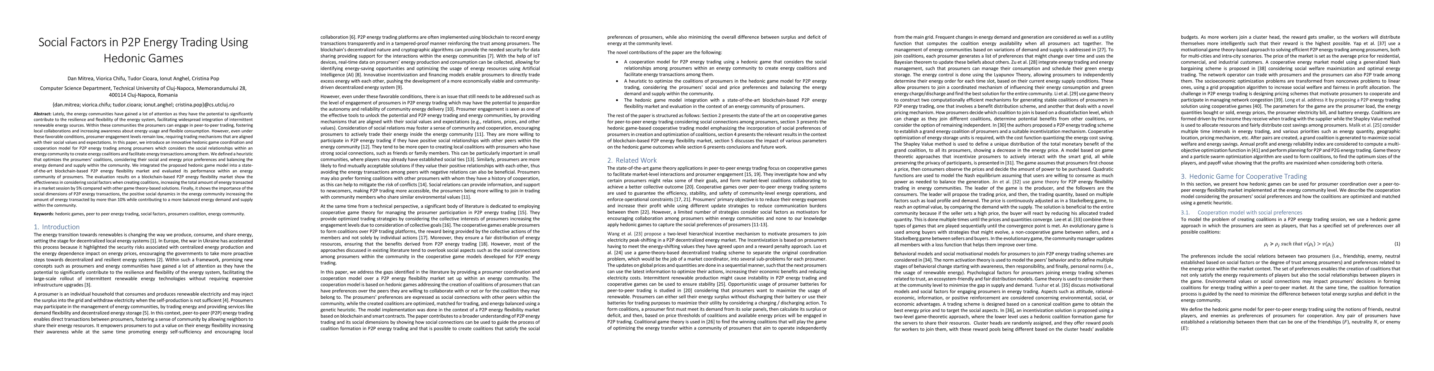 Thumbnail for Social Factors in P2P Energy Trading Using Hedonic Games