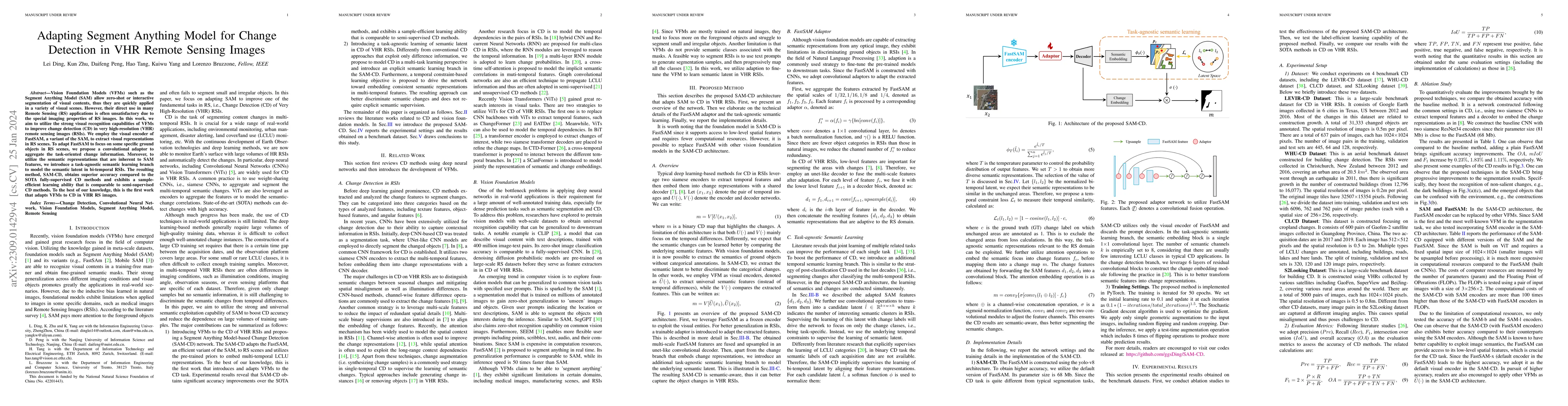 Thumbnail for Adapting Segment Anything Model for Change Detection in HR Remote
  Sensing Images