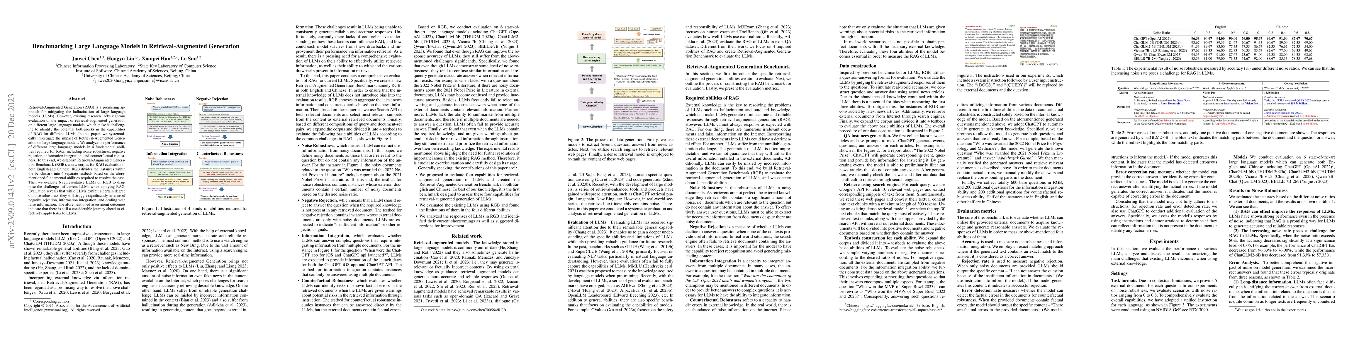 Thumbnail for Benchmarking Large Language Models in Retrieval-Augmented Generation