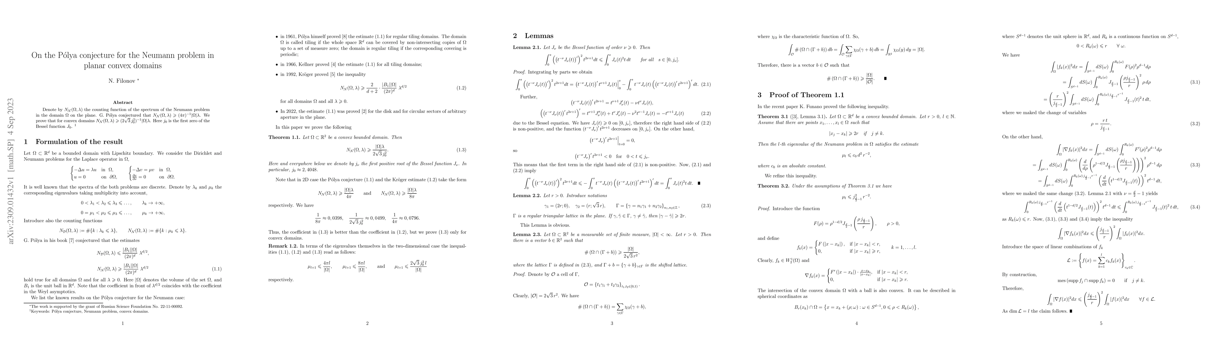 Thumbnail for On the P\'olya conjecture for the Neumann problem in planar convex
  domains