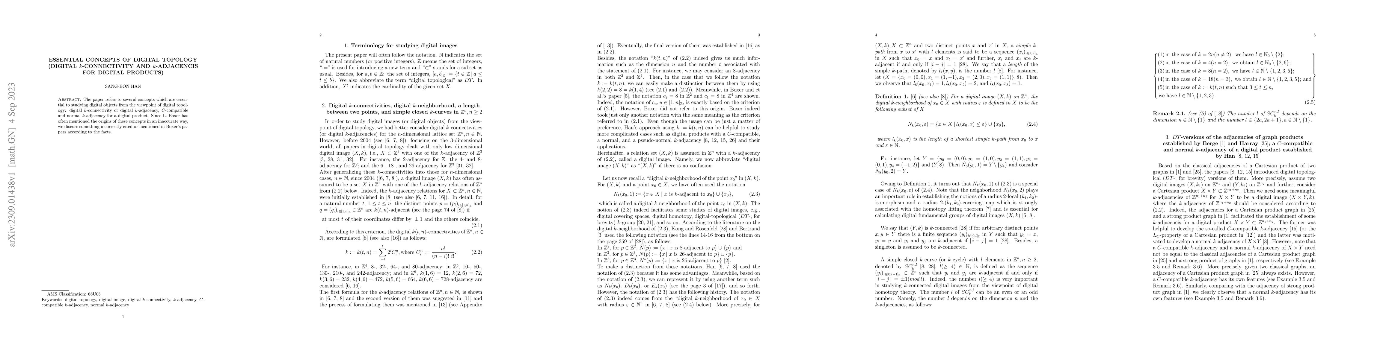 Thumbnail for Essential concepts of digital topology\\ (digital $k$-connectivity and
  $k$-adjacencis for digital products)
