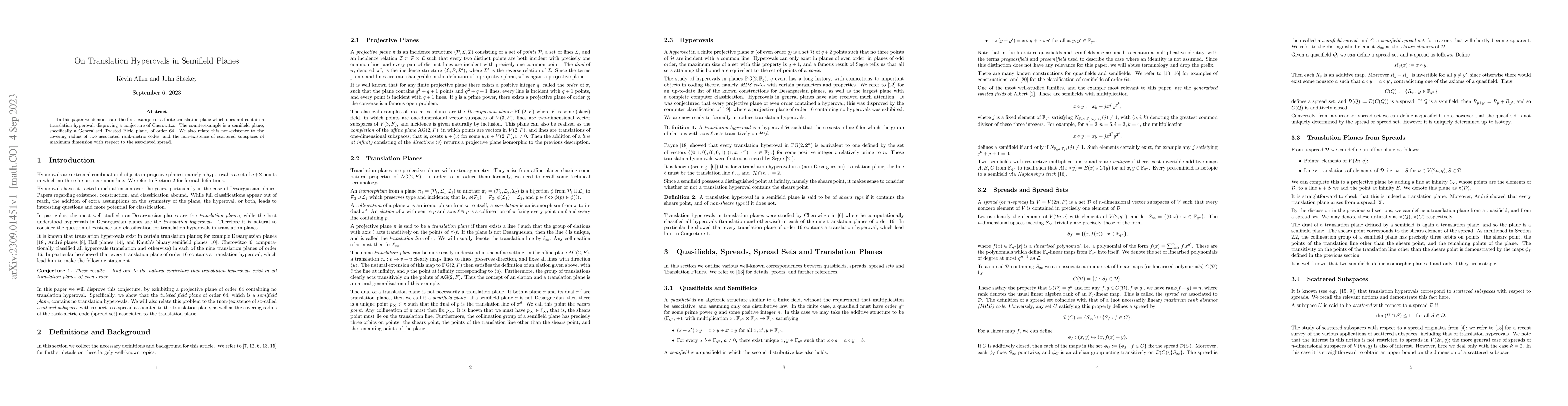 Thumbnail for On Translation Hyperovals in Semifield Planes