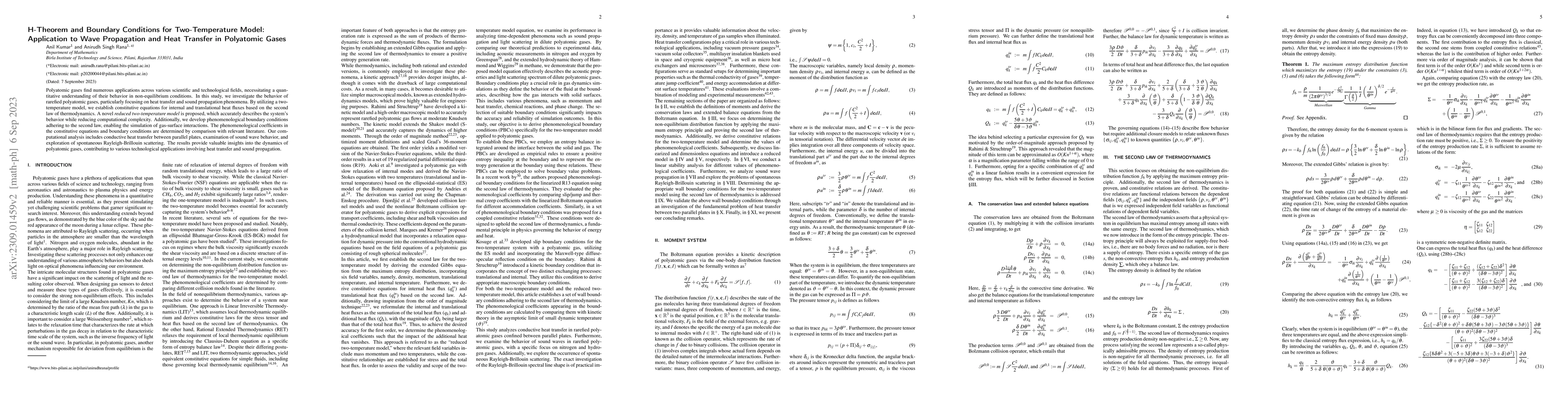 Thumbnail for H-Theorem and Boundary Conditions for Two-Temperature Model: Application
  to Wave Propagation and Heat Transfer in Polyatomic Gases