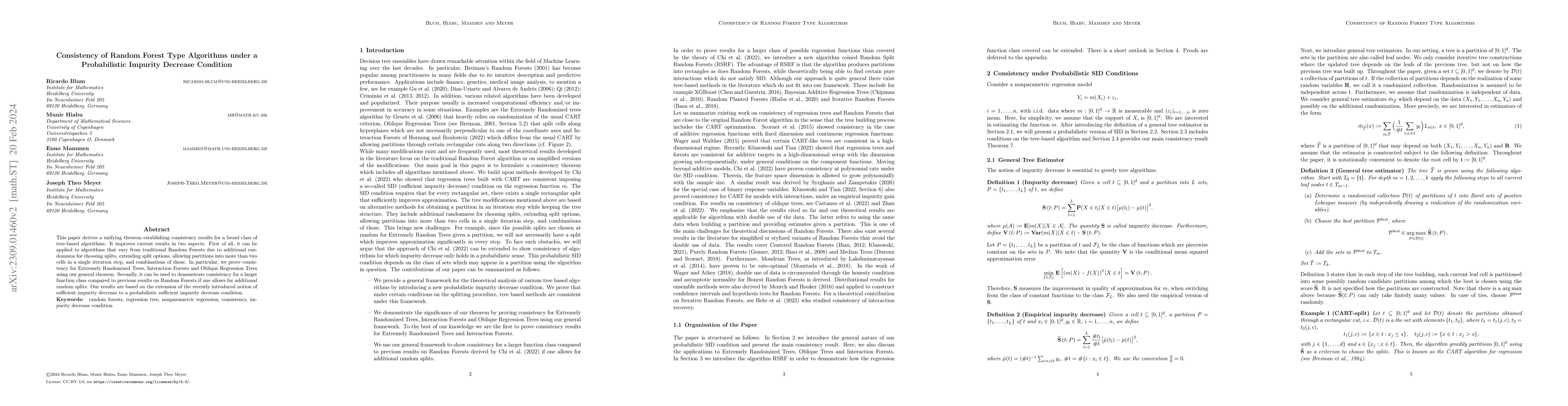 Thumbnail for Consistency of Random Forest Type Algorithms under a Probabilistic
  Impurity Decrease Condition