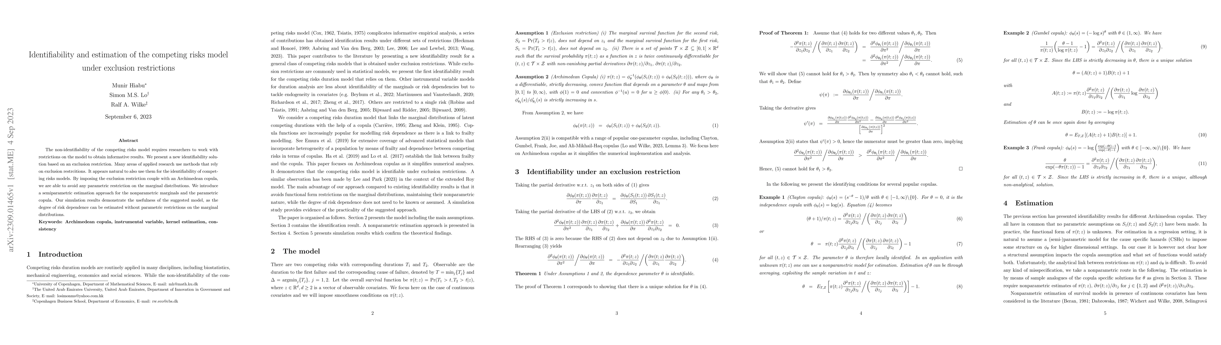 Thumbnail for Identifiability and estimation of the competing risks model under
  exclusion restrictions