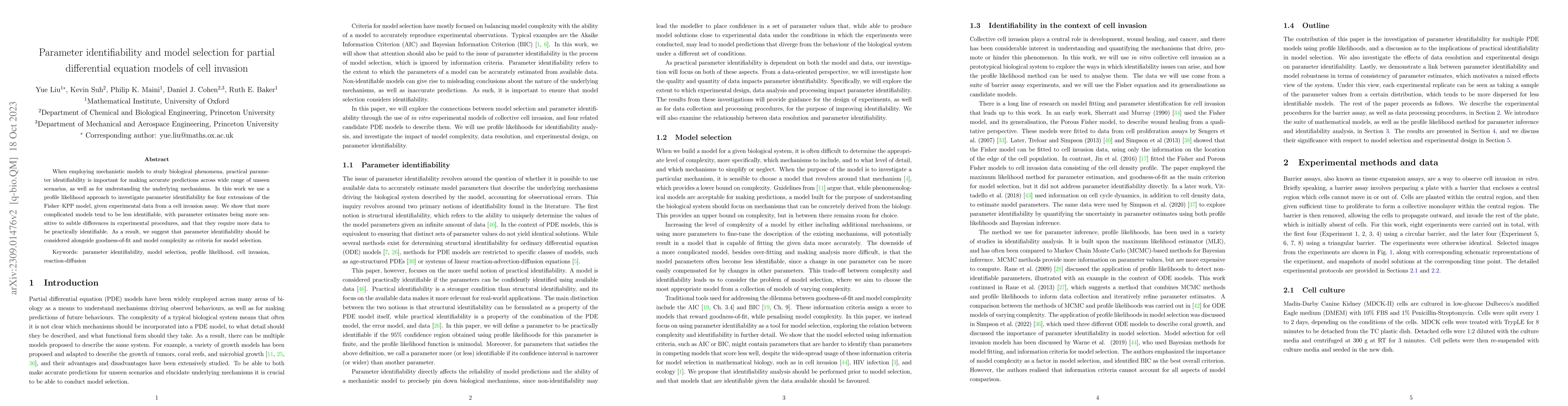 Thumbnail for Parameter identifiability and model selection for partial differential
  equation models of cell invasion