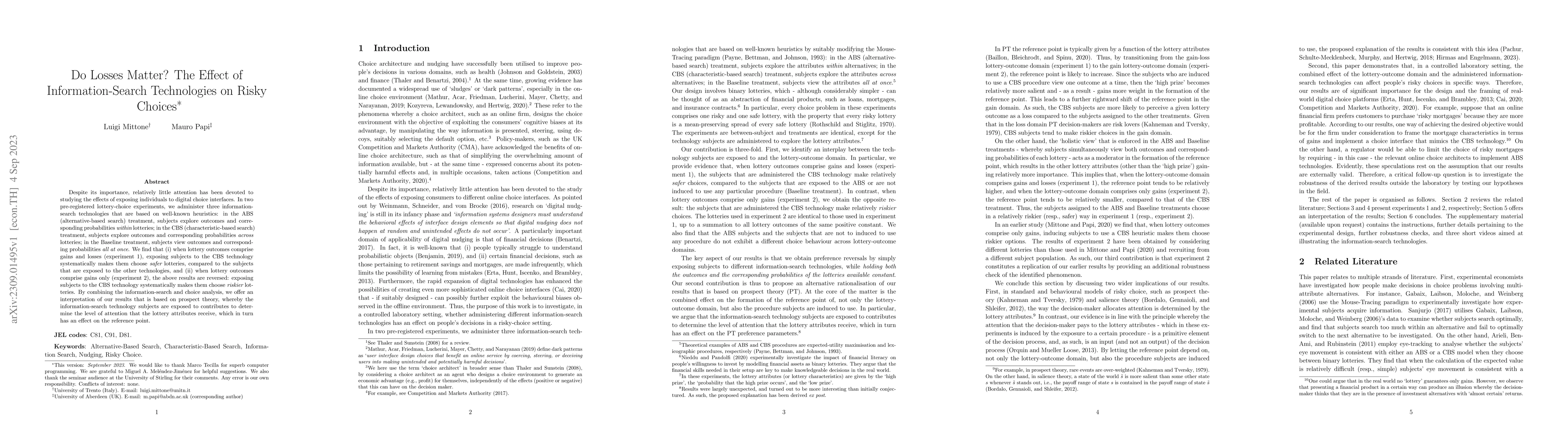 Thumbnail for Do Losses Matter? The Effect of Information-Search Technologies on Risky
  Choices