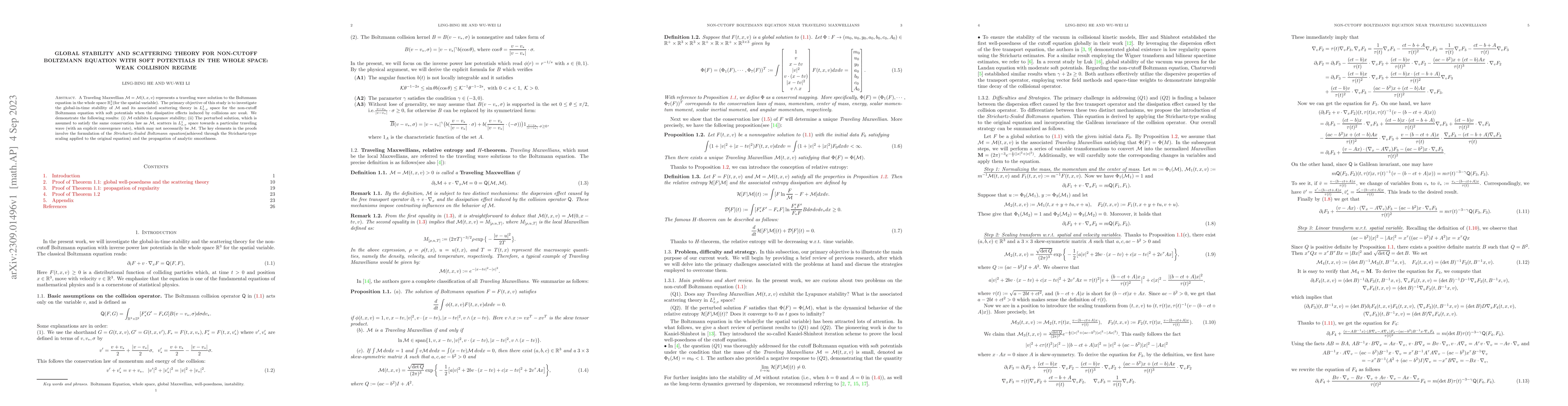 Thumbnail for Global stability and scattering theory for non-cutoff Boltzmann equation
  with soft potentials in the whole space: weak collision regime}