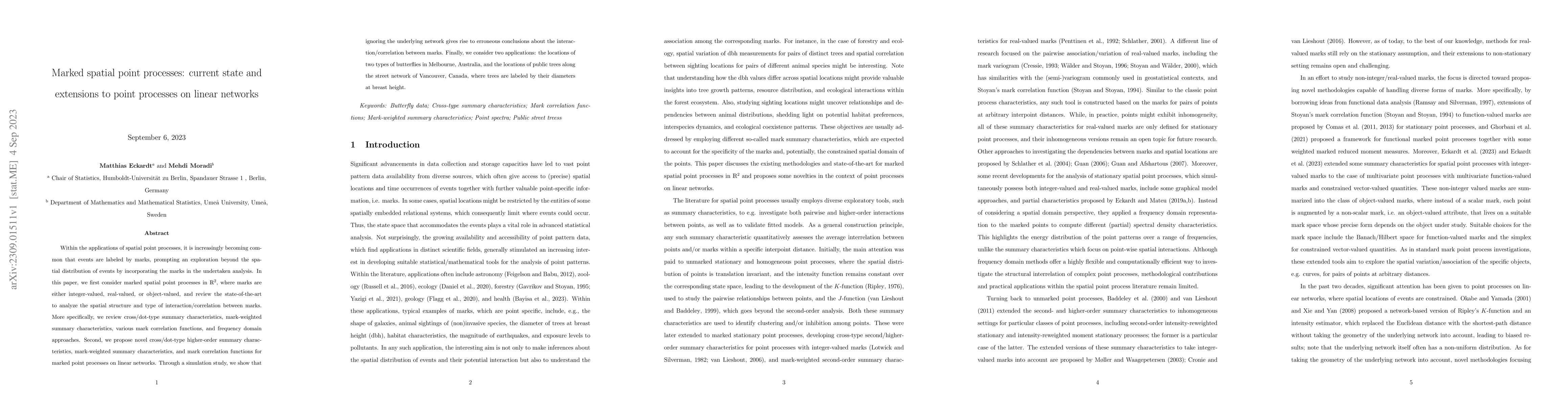 Thumbnail for Marked spatial point processes: current state and extensions to point
  processes on linear networks