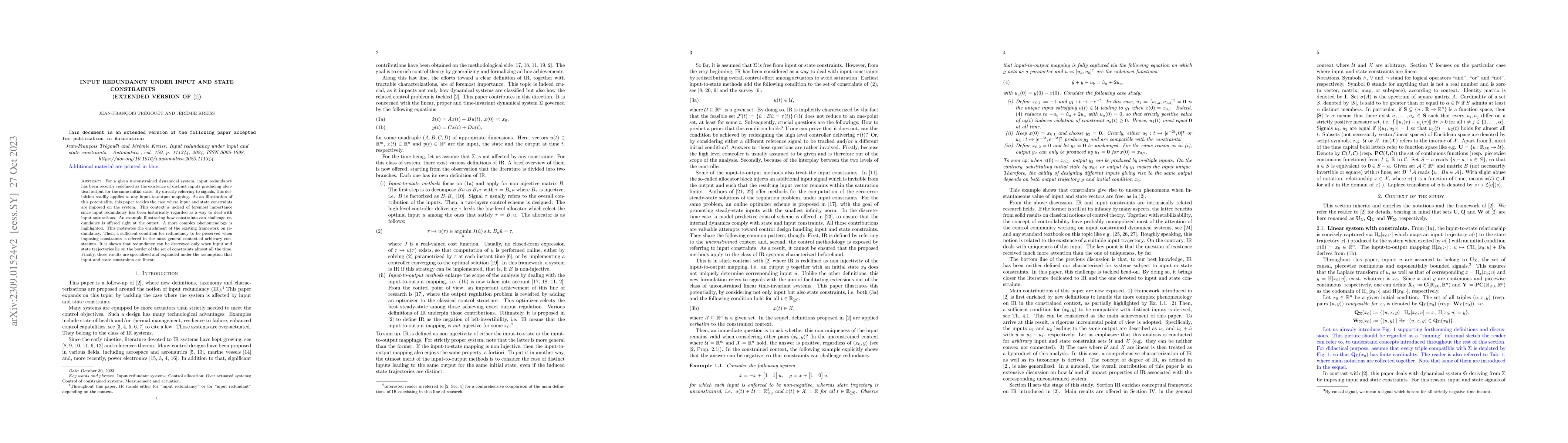 Thumbnail for Input Redundancy under Input and State Constraints (Extended version of
  the submission accepted to Automatica)