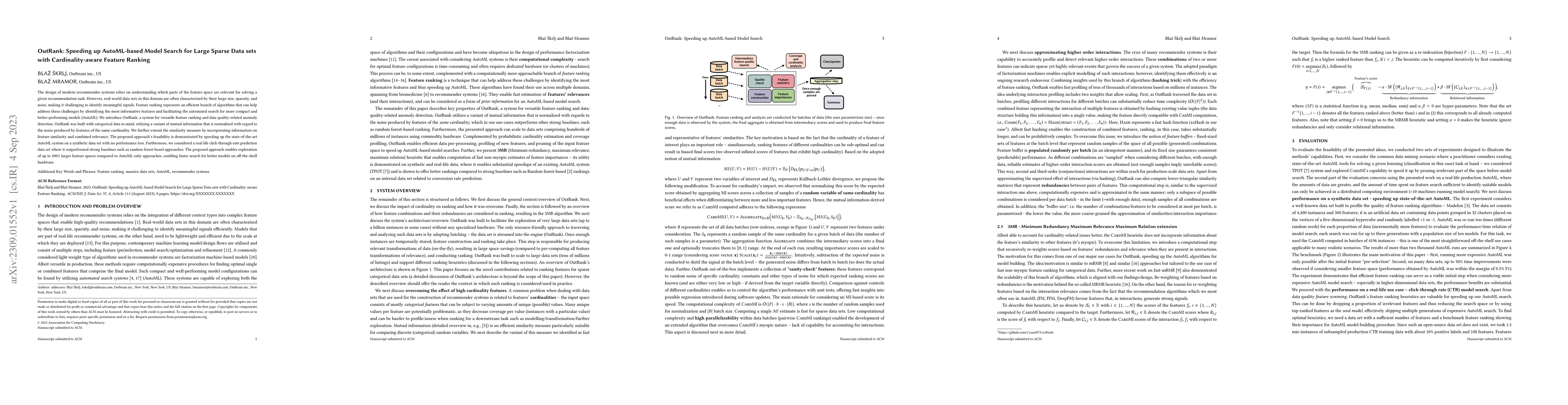 Thumbnail for OutRank: Speeding up AutoML-based Model Search for Large Sparse Data
  sets with Cardinality-aware Feature Ranking