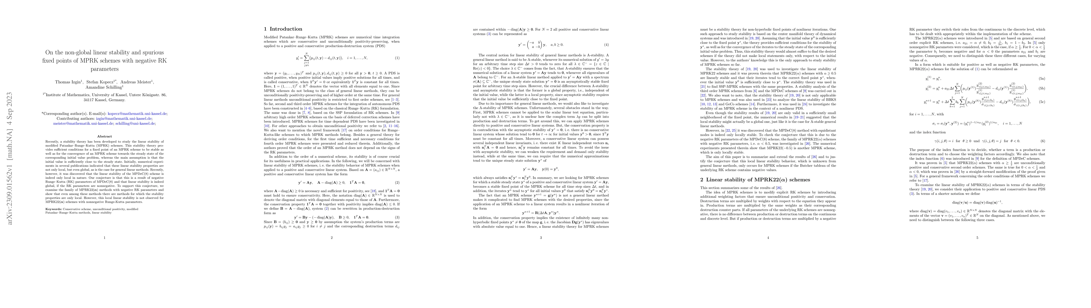 Thumbnail for On the non-global linear stability and spurious fixed points of MPRK
  schemes with negative RK parameters