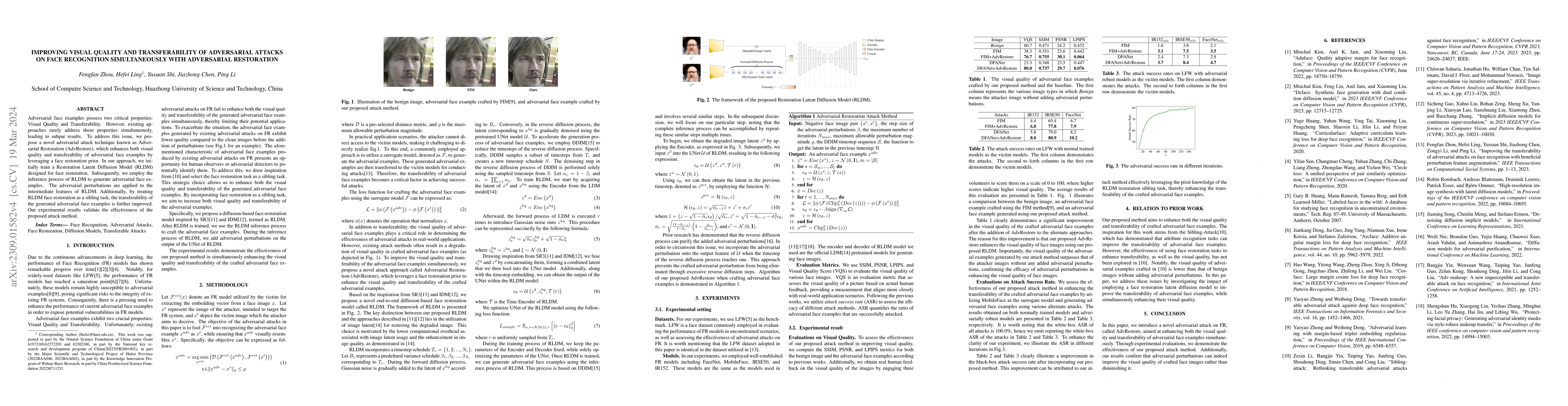 Thumbnail for Improving Visual Quality and Transferability of Adversarial Attacks on
  Face Recognition Simultaneously with Adversarial Restoration