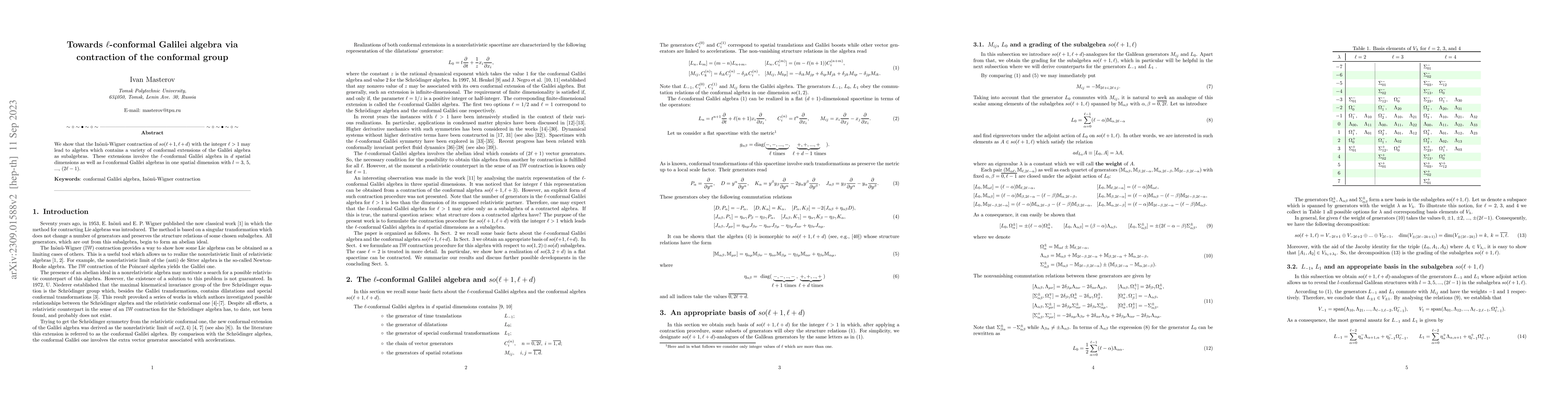 Thumbnail for Towards $\ell$-conformal Galilei algebra via contraction of the
  conformal group